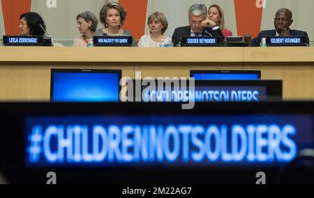 Sous-Secrétaire général Représentant spécial de la Secretry Genral pour les enfants et les conflits armés, Leila Zerrougui, Reine Mathilde de Belgique, Vice-Premier Ministre et Ministre des Affaires étrangères Didier Reynders et Directeur général adjoint de l'Organisation internationale du travail Gilbert Houngbo, photographié lors de la conférence des Nations Unies sur les enfants et non les soldats, Le premier jour d'une visite de la Reine belge et ministre des Affaires étrangères à New York, le lundi 11 juillet 2016, aux États-Unis. Banque D'Images