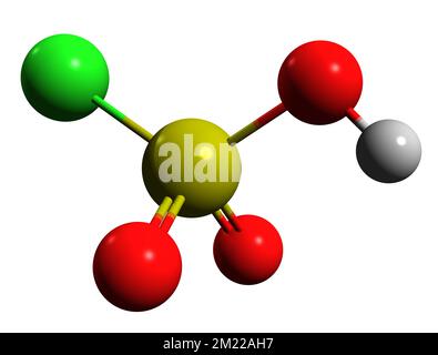 3D image de la formule squelettique de l'acide chlorosulfurique - structure chimique moléculaire de l'acide sulfurochlorique isolé sur fond blanc Banque D'Images