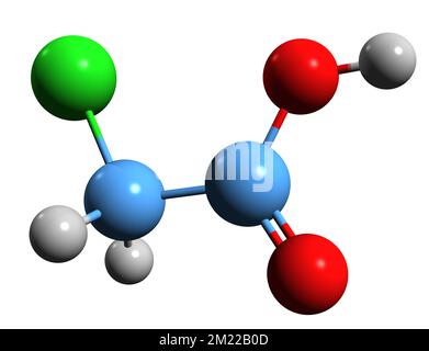 3D image de la formule squelettique de l'acide chloroacétique - structure chimique moléculaire de l'acide chloroéthanoïque isolé sur fond blanc Banque D'Images