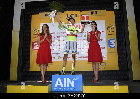 Le Rafal Majka polonais de Tinkoff célèbre sur le podium après la quinzième étape de l'édition 103rd de la course cycliste Tour de France, 160km de Bourg-en-Bresse à Culoz, le dimanche 17 juillet 2016. Le Tour de France de cette année se déroule de 2 juillet à 24 juillet. BELGA PHOTO YORICK JANSENS Banque D'Images