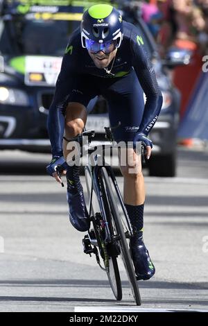 Espagnol Alejandro Valverde de Movistar Team photographié lors de l'arrivée de la dix-huitième étape à l'édition 103rd de la course cycliste Tour de France, un procès de 17km fois de Sallanches à Megève, France, le jeudi 21 juillet 2016. Banque D'Images