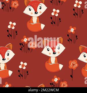Motif sans couture avec bébé renard mignon sur fond de couleur. Animaux de forêt amusants. Carte, cartes postales pour enfants. Illustration vectorielle plate pour tissu, textile Illustration de Vecteur
