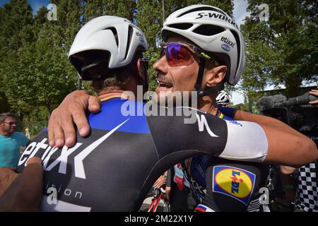 Belge Tom Boonen de l'écurie Etixx - Quick-Step fête ses célébrations après avoir remporté l'édition 4th de la course cycliste « Brussels Cycling Classic », à 199,3 km de et à Bruxelles, le samedi 03 septembre 2016. Banque D'Images