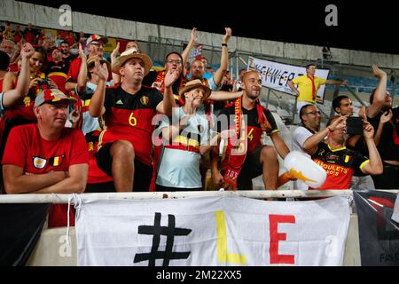 Les supporters de la Belgique photographiés avant un match de football entre l'équipe nationale chypriote et les Red Devils de Belgique, le premier match de qualification des Championnats du monde 2018 du Groupe H, le mardi 06 septembre 2016, à Nicosie, Chypre. BELGA PHOTO BRUNO FAHY Banque D'Images