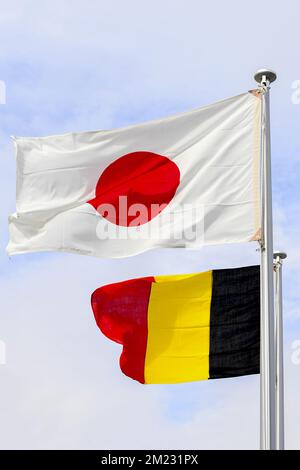 L'illustration montre un drapeau japonais et un drapeau belge lors d'une réunion au Palais impérial le deuxième jour d'une visite d'État au Japon des Royals belges, mardi 11 octobre 2016, à Tokyo, au Japon. BELGA PHOTO POOL FRED SIERAKOWSKI Banque D'Images