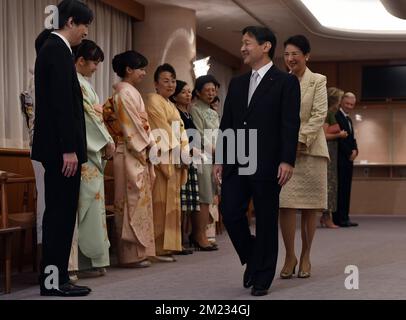 Fumihito, le prince Akishino, le prince héritier japonais Naruhito et la princesse de couronne japonaise Masako photographiés lors du concert officiel belge du quatrième jour d'une visite d'État au Japon des Royals belges, jeudi 13 octobre 2016, à Tokyo, au Japon. BELGA PHOTO ERIC LALMAND Banque D'Images