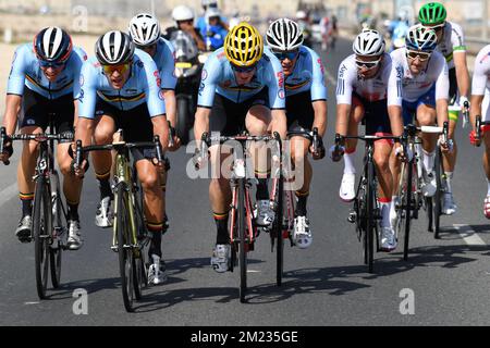 Oliver Naesen belge d'IAM Cycling, Greg Van Avermaet belge de BMC Racing Team, Jurgen Roelandts belge de Lotto Soudal et Jasper Stuyven belge de Trek-Segafredo en action lors de la course sur route d'élite masculine aux Championnats du monde de cyclisme sur route UCI 2016 à Doha, Qatar, Dimanche 16 octobre 2016. Banque D'Images