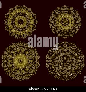 Ensemble de décorations géométriques cercle jaune. Rosettes d'or guilloche isolées. Décoration circulaire décorative. Set Mandala Illustration de Vecteur