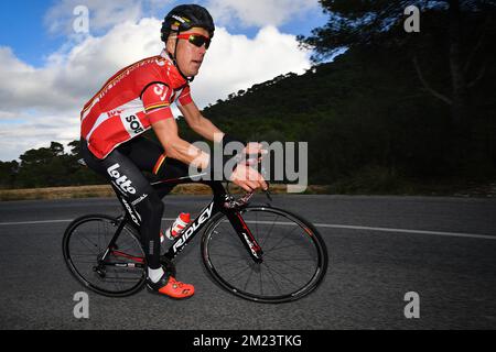 Lars Bak danois de Lotto Soudal photographié en action pendant le troisième jour du camp d'entraînement d'hiver de l'équipe de cyclisme Lotto Soudal, en préparation de la saison 2017, à Majorque, Espagne, le mercredi 14 décembre 2016. BELGA PHOTO DAVID STOCKMAN Banque D'Images