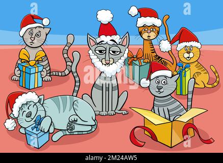 Illustration de dessins animés de chats et chatons personnages animaux de groupe avec des cadeaux à l'heure de Noël Illustration de Vecteur