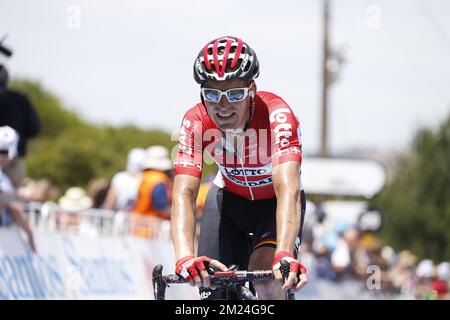 Lars Bak danois de Lotto Soudal passe la deuxième étape de l'édition 19th de la Tour Down Under cycliste course, à 148,5 km de Stirling à Paracombe, le mercredi 18 janvier 2017, en Australie. BELGA PHOTO YUZURU SUNADA Banque D'Images