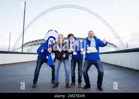 Gent's supporters pictured outside Wembleu stadium ahead of a game between British team Tottenham and Belgian soccer team KAA Gent, return leg of the 1/16 finals of the Europa League competition, London, Thursday 23 February 2017. Gent won the first leg 1-0. BELGA PHOTO JASPER JACOBS Stock Photo