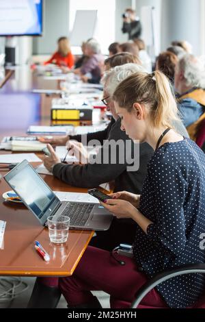 Un séminaire intitulé "droits des auteurs visuels à la valeur numérique" de Cepic (coordination des agences européennes de photos stock, presse et patrimoine), au Parlement européen à Bruxelles, le mardi 28 février 2017. BELGA PHOTO AURORE BELOT Banque D'Images