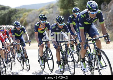 Colombien Nairo Quintana de Movistar Team photographié en action pendant la phase 1 de la tournée à vélo Giro 2017, 206km d'Alghero à Olbia, Italie, vendredi 05 mai 2017. BELGA PHOTO YUZURU SUNADA Banque D'Images