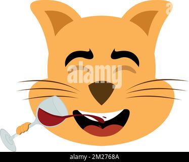 illustration vectorielle du visage d'un chat de dessin animé buvant un verre de vin Illustration de Vecteur