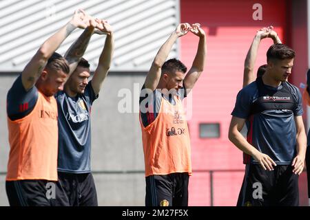 Toby Alderweireld en Belgique, Thomas Vermaelen en 03Belgium, Kevin Mirallas en Belgique et Leander Dendoncker en Belgique, photographiés lors d'une formation de l'équipe nationale belge de football Red Devils, le vendredi 02 juin 2017, au Centre belge de football de Tubize. La Belgique joue un match amical contre la République tchèque le 05 juin et un titre de coupe du monde 2018 en Estonie. BELGA PHOTO BRUNO FAHY Banque D'Images