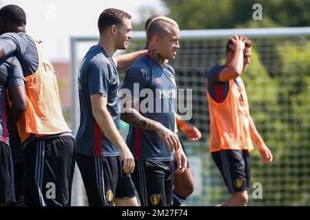 Thomas Vermaelen de 03Belgium et Radja Nainggolan de Belgique photographiés lors d'une formation de l'équipe nationale belge de football Red Devils, vendredi 02 juin 2017, au Centre belge de football de Tubize. La Belgique joue un match amical contre la République tchèque le 05 juin et un titre de coupe du monde 2018 en Estonie. BELGA PHOTO BRUNO FAHY Banque D'Images