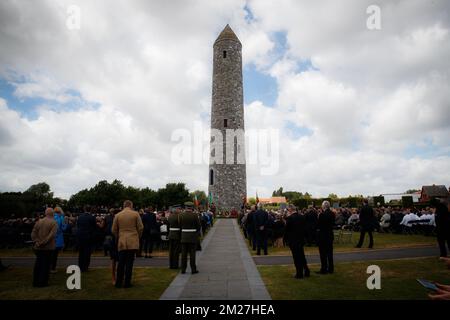 L'illustration montre la Tour ronde irlandaise lors de la commémoration du centenaire de la bataille de la crête de Messines, au Parc de la paix de l'île d'Irlande, à Mesen (Messines), le mercredi 07 juin 2017. Aujourd'hui (07/06/2017) marque le 100th anniversaire du début de la bataille des mines de Mesen, durant la première Guerre mondiale. BELGA PHOTO KURT DESPLENTER Banque D'Images