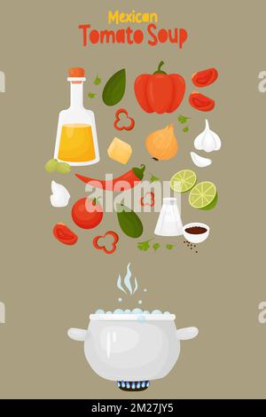 Recette de soupe de tomates mexicaines avec ingrédients de remplissage. Illustration vectorielle. Affiche verticale avec marmite et nourriture pour cuisiner un plat latino-américain Illustration de Vecteur