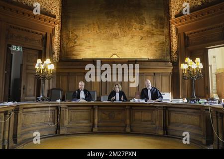 L'illustration montre la salle d'audience de l'affaire Greenpeace contre l'État belge à la cour d'appel de Bruxelles, le mardi 20 juin 2017, à Bruxelles. Greenpeace demande la fermeture des réacteurs nucléaires de Tihange 1, Doel 2 et Doel 1. BELGA PHOTO THIERRY ROGE Banque D'Images