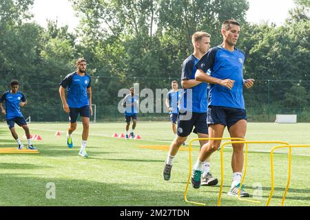 Gent's Samuel Gigot, Gent's new player Nicolas Raskin and Gent's Jeremy Perbet the first training session for the new 2017-2018 season of Jupiler Pro League team KAA Gent, in Gent, Thursday 22 June 2017. BELGA PHOTO JAMES ARTHUR GEKIERE Stock Photo