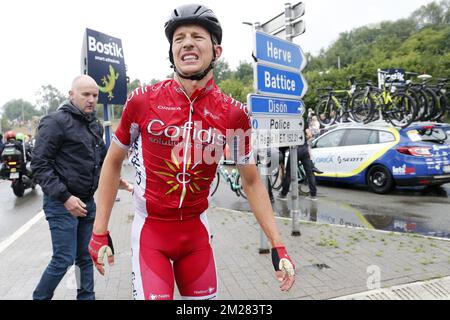 Belge Dimitri Claeys de Cofidis, Solutions Credits après une chute lors de la deuxième étape de l'édition 104rth de la course cycliste Tour de France, 203,5km de Düsseldorf, Allemagne, à Liège, Belgique, Dimanche 02 juillet 2017. Le Tour de France de cette année a lieu du 1er juillet à 23 juillet. BELGA PHOTO YUZURU SUNADA Banque D'Images