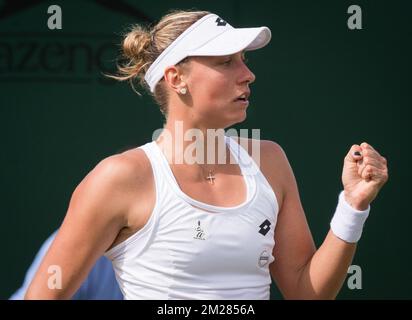 Belge Yanina Wickmayer célèbre après avoir remporté un premier tour de singles pour dames entre Belge Yanina Wickmayer (WTA 95) et Ukrainien Katerina Bondarenko (WTA 111) au tournoi de tennis Grand Chelem de Wimbledon au All England tennis Club, dans le sud-ouest de Londres, en Grande-Bretagne, le mardi 04 juillet 2017. BELGA PHOTO BENOIT DOPPAGNE Banque D'Images