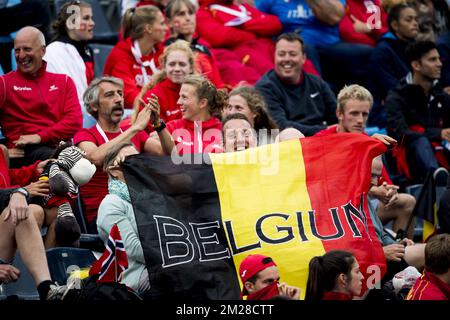 Supporters belges photographiés le quatrième jour des championnats européens d'athlétisme des moins de 23 ans, à Bydgoszcz, Pologne, dimanche 16 juillet 2017. BELGA PHOTO JASPER JACOBS Banque D'Images