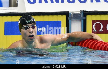 Le nageur belge Pieter Timmers réagit après les épreuves de la compétition de freestyle masculine 200m aux Championnats du monde de Budapest, Hongrie, lundi 24 juillet 2017. BELGA PHOTO ERIC LALMAND Banque D'Images