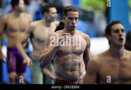 Le nageur belge Pieter Timmers réagit après les épreuves de la compétition de freestyle masculine 200m aux Championnats du monde de Budapest, Hongrie, lundi 24 juillet 2017. BELGA PHOTO ERIC LALMAND Banque D'Images