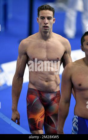 Le nageur belge Pieter Timmers réagit après les épreuves du freestyle 100m masculin, le quatrième jour des Championnats du monde à Budapest, Hongrie, le mardi 25 juillet 2017. BELGA PHOTO ERIC LALMAND Banque D'Images
