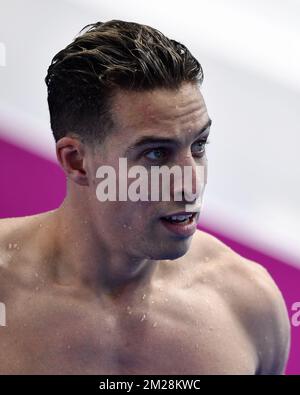 Le nageur belge Pieter Timmers réagit après les épreuves du freestyle 100m masculin, le quatrième jour des Championnats du monde à Budapest, Hongrie, le mardi 25 juillet 2017. BELGA PHOTO ERIC LALMAND Banque D'Images