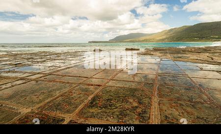 Les chaussées à facettes sont extrêmement rares. Ils ne se trouvent que dans quelques endroits sur Terre. Chaussée à facettes, Eaglehawk Neck, Tasmanie, Australie. Banque D'Images