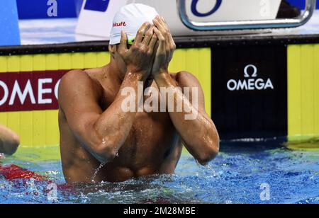 Chad le Clos d'Afrique du Sud réagit après avoir remporté la finale du papillon masculin de 200m, le quatrième jour des Championnats du monde à Budapest, Hongrie, le mardi 25 juillet 2017. BELGA PHOTO ERIC LALMAND Banque D'Images