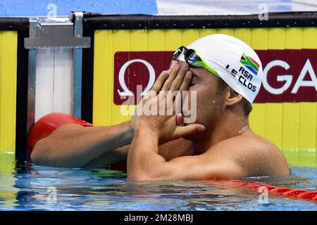 Chad le Clos d'Afrique du Sud réagit après avoir remporté la finale du papillon masculin de 200m, le quatrième jour des Championnats du monde à Budapest, Hongrie, le mardi 25 juillet 2017. BELGA PHOTO ERIC LALMAND Banque D'Images