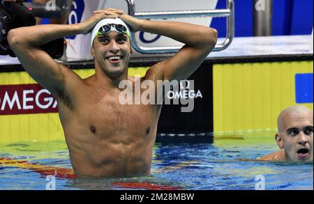 Chad le Clos d'Afrique du Sud réagit après avoir remporté la finale du papillon masculin de 200m, le quatrième jour des Championnats du monde à Budapest, Hongrie, le mardi 25 juillet 2017. BELGA PHOTO ERIC LALMAND Banque D'Images