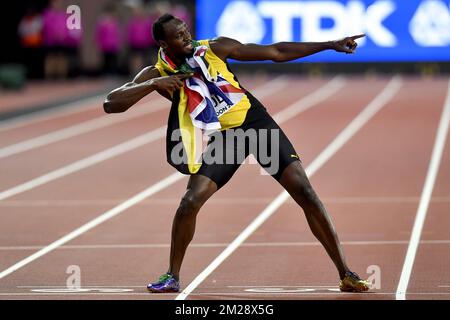 Usain Bolt de la Jamaïque célèbre sa troisième place à la finale hommes 100m aux Championnats du monde 2017 de l'IAAF à Londres, Royaume-Uni, samedi 05 août 2017. Les mondes ont lieu du 4 au 13 août. BELGA PHOTO DIRK WAEM Banque D'Images