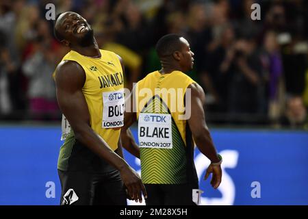 Usain Bolt de la Jamaïque et Yohan Blake de la Jamaïque photographiés après la finale hommes 100m aux Championnats du monde de l'IAAF 2017 à Londres, Royaume-Uni, samedi 05 août 2017. Les mondes ont lieu du 4 au 13 août. BELGA PHOTO DIRK WAEM Banque D'Images