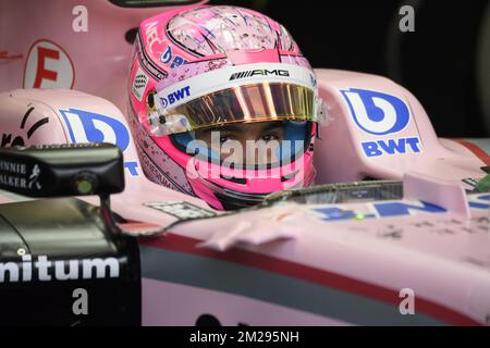 Esteban Ocon, pilote français de Force India photographié pendant la course libre du Grand Prix F1 de Belgique, à Spa-Francorchamps, le vendredi 25 août 2017. Le Grand Prix de Formule 1 Spa-Francorchamps a lieu ce week-end, de 25 août à 27 août. BELGA PHOTO NICOLAS LAMBERT Banque D'Images