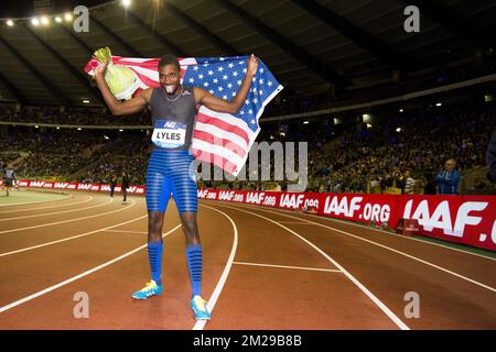 US Noah Lyles fête après avoir remporté la course masculine 200m à l'AG Insurance Memorial Van Damme Athletics, la dernière réunion de l'IAAF Diamond League, le vendredi 01 septembre 2017 à Bruxelles BELGA PHOTO JASPER JACOBS Banque D'Images