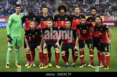 L-R, UP, gardien de but de Belgique Thibaut Courtois, Romelu Lukaku de Belgique, Thomas Meunier de Belgique, Marouane Fellani de Belgique, Jan Vertonghen de Belgique, Mousa Dembele et front en Belgique, Toby Alderweireld en Belgique, Kevin de Bruyne en Belgique, Thomas Vermaelen en Belgique, Yannick Ferreira Carrasco en Belgique et Dries Mertens en Belgique posent pour la photo de l'équipe au début d'un match de qualification de la coupe du monde entre la Grèce et l'équipe nationale belge Red Devils au Pirée, Athènes, Grèce, Grèce, Dimanche 03 septembre 2017. BELGA PHOTO DIRK WAEM Banque D'Images