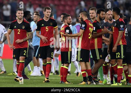 Toby Alderweireld en Belgique, Jan Vertonghen en Belgique, Dries Mertens en Belgique, Yannick Ferreira Carrasco en Belgique, Mousa Dembele en Belgique et Nacer Chadli en Belgique célèbrent après la victoire et la qualification pour 2018 WC en Russie, lors d'un match de qualification de la coupe du monde entre la Grèce et l'équipe nationale belge Red Devils à Pirée Athènes, en Grèce, en Grèce, en Grèce. Dimanche 03 septembre 2017. BELGA PHOTO DIRK WAEM Banque D'Images