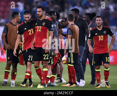 Yannick Ferreira Carrasco en Belgique, Nacer Chadli en Belgique et Eden Hazard en Belgique célèbrent après la victoire et la qualification pour 2018 WC en Russie, lors d'un match de qualification de la coupe du monde entre la Grèce et l'équipe nationale belge de football Red Devils au Pirée, Athènes, Grèce, dimanche 03 septembre 2017. BELGA PHOTO DIRK WAEM Banque D'Images