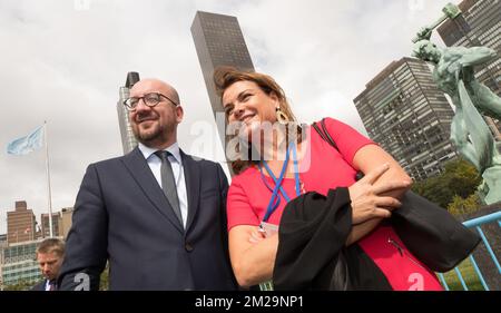 Le Premier ministre belge Charles Michel et l'Ambassadeur de bonne volonté du FNUAP, Goedele Liekens, photographiés lors de la session 72th de l'Assemblée générale des Nations Unies, à New York, le mardi 19 septembre 2017. BELGA PHOTO BENOIT DOPPAGNE Banque D'Images