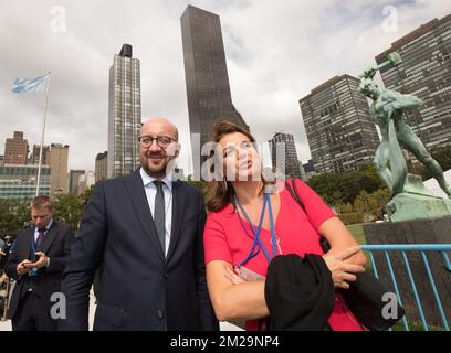 Le Premier ministre belge Charles Michel et l'Ambassadeur de bonne volonté du FNUAP, Goedele Liekens, photographiés lors de la session 72th de l'Assemblée générale des Nations Unies, à New York, le mardi 19 septembre 2017. BELGA PHOTO BENOIT DOPPAGNE Banque D'Images