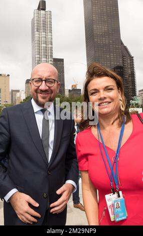 Le Premier ministre belge Charles Michel et l'Ambassadeur de bonne volonté du FNUAP, Goedele Liekens, photographiés lors de la session 72th de l'Assemblée générale des Nations Unies, à New York, le mardi 19 septembre 2017. BELGA PHOTO BENOIT DOPPAGNE Banque D'Images