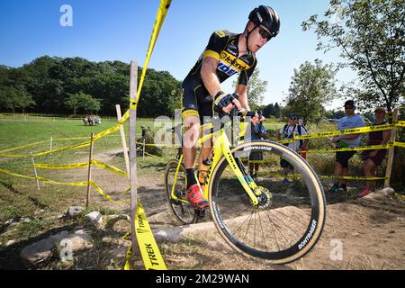 Telenet Fidea Belge Elite Daan Soete photographié en action lors d'une reconnaissance de piste avant la coupe Trek CX, deuxième étape du cyclocross de la coupe du monde à Waterloo (WI), Etats-Unis, samedi 23 septembre 2017. La coupe Trek CX aura lieu dimanche prochain. BELGA PHOTO DAVID STOCKMAN Banque D'Images