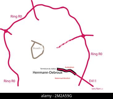 Infografic in French showing the location on a map, regarding the closed Herrmann Debroux viaduct in Brussels, Saturday 07 October 2017. BELGA PHOTO PHILIPPE FRANCOIS MANDATORY CREDIT OPENSTREETMAP CONTRIBUTORS  Stock Photo