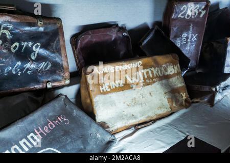 Valises des victimes de l'holocauste au camp de concentration nazi de Bikernau-Auschwitz II Banque D'Images