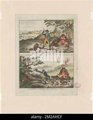 Cockney-sportsmen recharging ; Cockney sportsmen finding a hare , Rabbits, Rabbit hunting, Hunters, Eating & drinking, Firearms, John Bull Symbolic character. James Gillray (1756-1815). Prints and Drawings Stock Photo